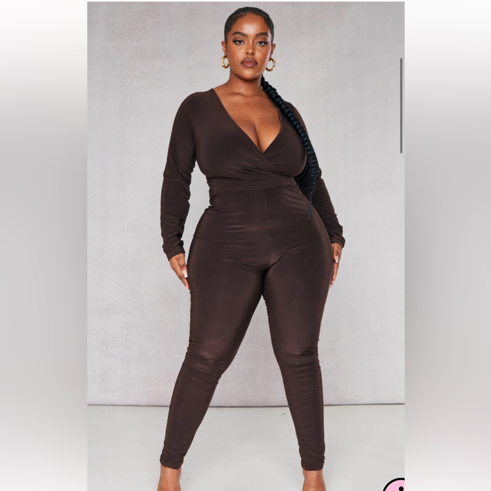Plus Chocolate Wrap Front Longsleeve Catsuit